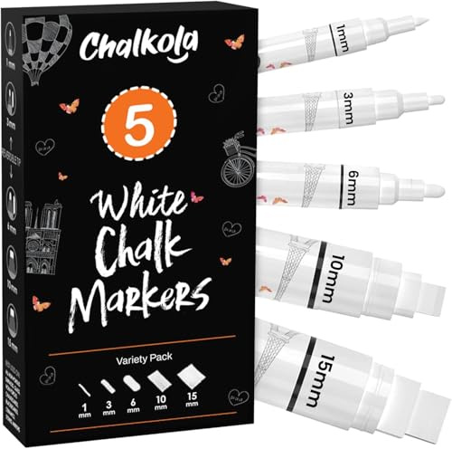 Chalkola 5 White Chalk Pens for Chalkboard Signs, Blackboard, Car Window, Bistro, Glass | 5 Variety Pack - Thin, Fine Tip, Bold & Jumbo Size Erasable Liquid Chalk Pens (1mm, 3mm, 6mm, 10mm, 15mm)