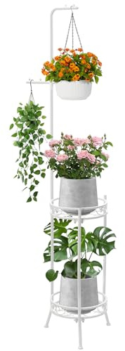 CZWL&HG Hängender Pflanzenständer, verstellbar, 2 Ebenen, 183 cm, Metallregal, hohes Pflanzenregal für drinnen und draußen, mit Aufhängern für 4 Topfblumen, Eckregal für Wohnzimmer und Terrasse, Weiß