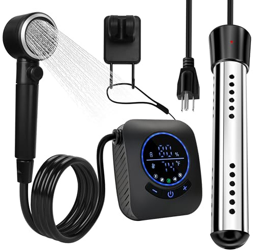 Yimserk Doccia portatile con scaldabagno, pompa doccia da campeggio con batteria da 8000 mAh, impostazioni a 5 velocità, display LCD, 6L/min, IPX8, soffione doccia portatile per campeggio