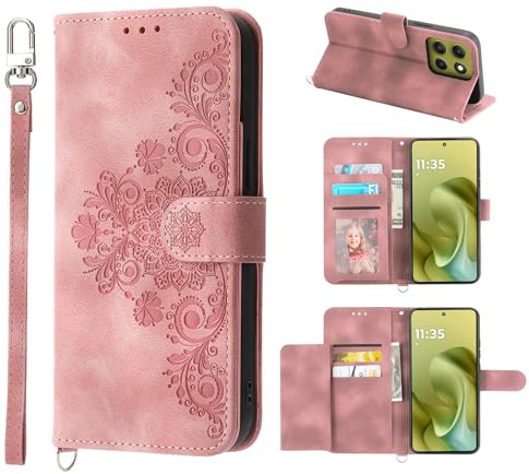 Auslbin Hülle für Motorola Moto G86 5G 6.67 Blumen Tasche, 5 Kartenfächer Handyhülle für Moto G86 Vintage-Stil PU-Leder Flip Schutzhülle, Rosa
