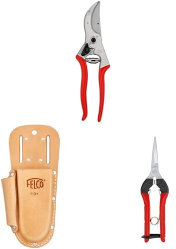 FELCO 2 Gartenschere mit Lederholster 910+ und Leseschere 322 – Kräftiges Set für Garten- und Obstbaumschnitt