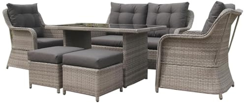 Nustone 6-Seater Luxury Rattan Garden Furniture Set – Outdoor Dining Set with Sofa, Armchairs, Stools & Glass Table – Cushioned Patio Lounge Set with Elegant Woven Design in Grey