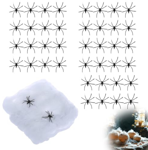 NOPKESV 200g Dehnbare Spinnennetze & 40 Künstliche Spinnen Halloween Deko Set, Perfekt für Innen/Außen, Garten, Tür, Fenster, Kamin, Häuser, Spukhaus & Partyzubehör