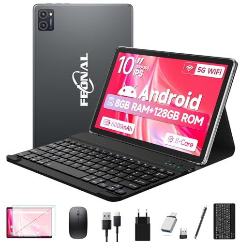 Tablet 2025 de 10 pulgadas, 2 en 1 con teclado, 5 G Wifi Android, 14 tabletas, PC - 8 GB de RAM + 128 GB de ROM (1 TB TF), Bluetooth 5.0, Octa-core, 1080FHD, cámara de 21 MP, 8000 mAh, certificación