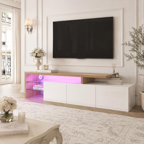 Mobile TV per TV fino a 85 Pollici, Mobile per Televisore a 2 Scomparti con Ripiani in Vetro, elegante mobile TV Lowboard con 3 ante, mobiletto tv per soggiorno, camera da letto, Bianco Lucido