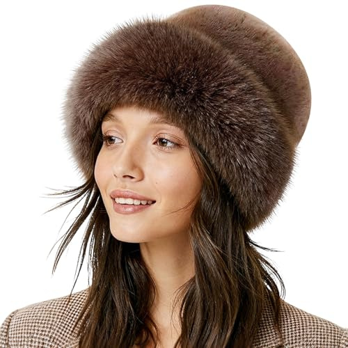 Mütze Damen Kunstfell, Kunstpelz Hut Winter, Kunstpelz Mütze Damen, Warme Hut Frauen, mit Plüsch, Erwachsene, Wärme Bekleidungszubehör, für Winterpartys, Dates, Skifahren(Braun)