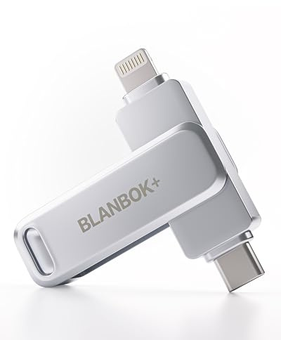 BLANBOK+ MFi Certificazione 256GB Chiavetta USB per iPhone, MFi Certified, Chiavetta USB 3-in-1 Lightning e Type-C con adattatore USB 3.0 Memoria esterna per iPhone, telefono, Android, PC/Pad