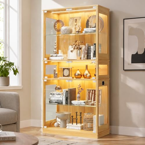 ZKIODV Vitrinskåpmed Belysning LED, 5 Hyllor Samlarvitrin, Display Cabinet med Sensor, Stående Golvmodell i Trä med 2 Glasdörrar för Vardagsrum Sovrum Kontor – 165 x 80 cm Natur