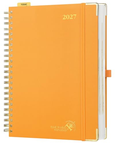 POPRUN Kalender 2027 Tageskalender A4 1 Tag 1 Seite, Hardcover Tagesplaner | 12-Monate-Terminplaner(Jan.2027-Dez.2027), Spiralbuch, 80 GSM Papier, mit Plastiklineal, für Büro & Studium(Orange)