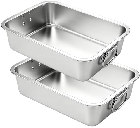 2 PCS Deep Stainless Steel Roasting Tins, 40 x 30 x 7cm Large Rectangular Oven Roasting Tray with Movable Handles for Cooking Meat Lasagne Turkey