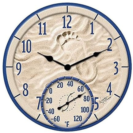 Taylor By The Sea Poly Resin Indoor and Outdoor Clock and Thermometer, Decorative and Easy to Read Large Numbers for Kitchen, Bathroom, Living Room and Indoor Areas, 14-inch, Multi-Color