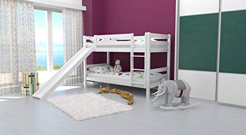 Etagenbett/Spielbett David Buche massiv weiß lackiert mit Rutsche, inkl. Rollrost - 90 x 200 cm, teilbar