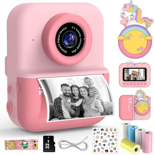 Macchina Fotografica Bambini Istantanea, 3.0'' Schermo HD 48MP Fotocamera Digitale Bambini con Scheda da 32 GB e 5 Rotoli di Carta da Stampa, Giocattolo Regalo Natale Bambino e Bambina 3-12 Anni（Pink）