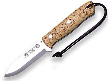 Joker Cuchillo de Caza Deportivo Nordico CL119-P, Mango de Madera de Abedul Rizado y Hoja de 10 cms, Funda Piel marrón, Herramienta de Pesca, Caza, Camping y Senderismo