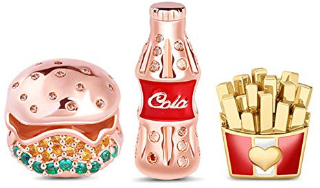 GNOCE [3 Packs Pommes Frites Hamburger Cola Charm Perlen Set 925 Sterling Silber Essen Macht Mich glücklich Charms Anhänger für Armbänder Halsketten