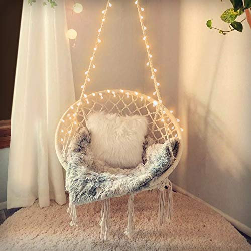 SURPCOS Hammock Chair with Lights and Durable Hanging Hardware Kit, Exquisite Round Hanging Chair, 100% Cotton Rope Macrame Swing Chairs for Indoor/Outdoor Bedroom Patio or Garden, Max 550LBs, Beige