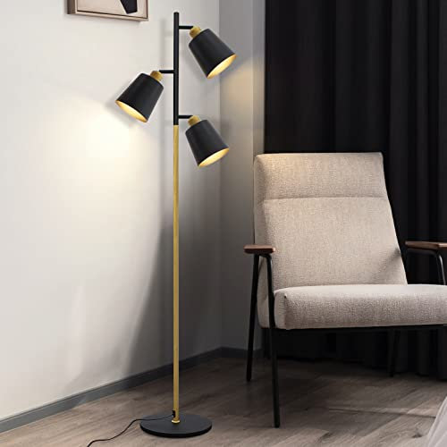 ZMH Stehlampe Stehleuchte Vintage schwarz Wohnzimmer schwenkbar 3-flammig Metall in Holz-Optik Standleuchte für Büro und Schlafzimmer E27 Fassung max 25W, Höhe: 166cm (Leuchtmittel nicht inkl.)