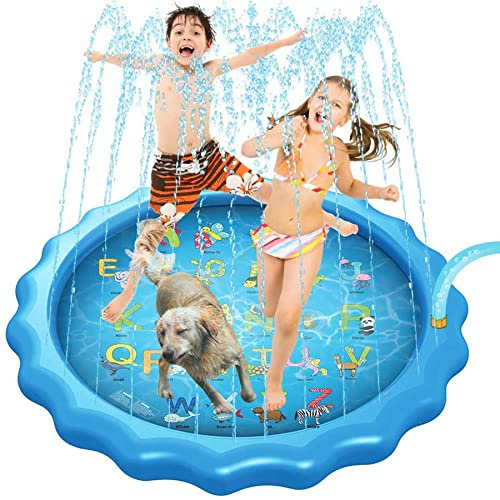 KERTFGOKU Sprinkler Pad for Kids Splash Pad,Outdoor Game Lawn Splash Pad for Kids,68-inch Inflatable Water Toy for Kids,Baby Pool for Outside,from A to Z Learning Sprinkler Pool for Kids,170cm(Blue)