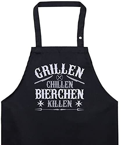EXPRESS-STICKEREI Grillschürze mit lustigem Spruch: GRILLEN, CHILLEN, BIERCHEN KILLEN Schürze Männer/Damen Kochschürze mit Tasche Küchen Schürze Herren verstellbare Latzschürze Geschenk Grillmeister