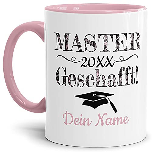 Tasse mit Spruch - Abschluss geschafft Master - zum selbst Gestalten mit Wunschname und Abschlussjahr - Geschenk für den Abschluss zum Master, Henkel & Innen Rosa 300 ml | Personalisiert
