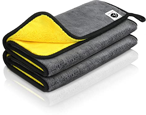Ganzoo Mikrofasertücher 2er Set 30x60 cm, 800 GSM Coral Fleece, grau/gelb, Premium-Pflegetuch für Fahrzeugpflege: Lacktrocknung, Politurabnahme, Detailer, Wachsabtrag, Felgen und Haushalt
