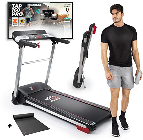 YM Elektrisches Laufband, Faltbar, 16 km/h, Ultradünn, Herzfrequenzsensor, Audio-Eingang + Lautsprecher, 1500W (3,5 PS), Bluetooth, Automatische Schmierung, Kompatibel mit App Kinomap und Zwift