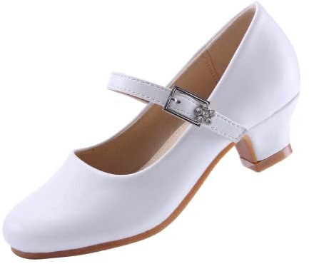 EIGHT KM Girls High Heel Dress Shoes Mary Jane Wedding Party Pumps Princess Shoes EKM7015 Microfiber Leather Athena White Size 2 UK Big Kid