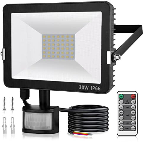 Immver 30W Security Lights Outdoor with IR Remote Control, PIR Motion Sensor, 3000LM 6000K Cool White LED Floodlights, IP66 Waterproof Wall Light for Garden, Backyard, Garage, Doorways
