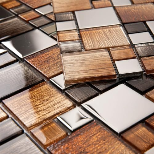 Soulscrafts Glasmosaik-Fliesen, Glasfliesen, Backsplash 30,5 x 30,5 cm, braun mit silbernem Quadrat für Küche, Badezimmer, Wandfliese, 5 Blatt