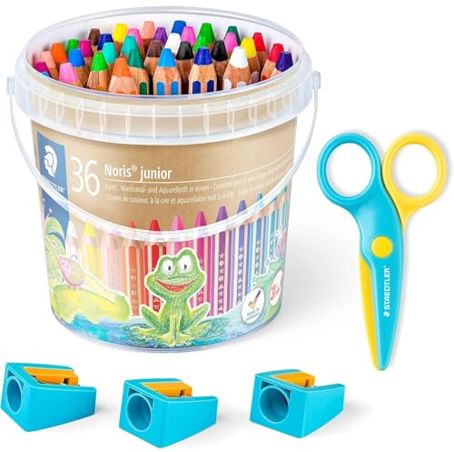 STAEDTLER 3in1 Buntstifte und Sicherheitsschere Noris junior, Bunt- Wachsmal- und Aquarellstift, ideal für Kleinkinder, schneidet nur Papier, 36 Stifte, 3 Spitzer und Sicherheitsschere, 140 C36P2X
