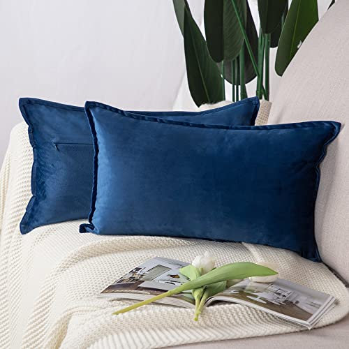Madizz 2er Set Samt Dekorativ Zierkissenbezüge Luxus Stil Kissenbezug für Sofa für Schlafzimmer Dunkelblau 30x50 cm Rechteckigig