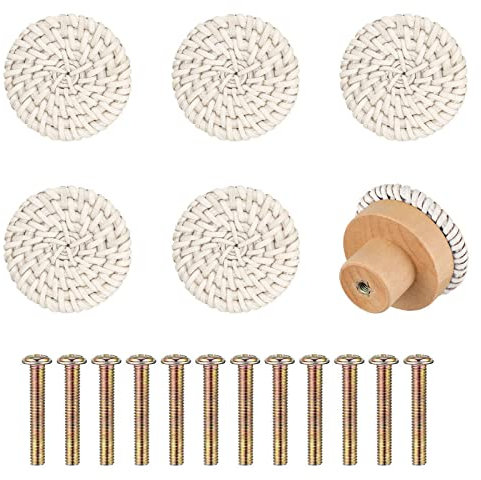 WANGCL Rattan-Kommodenknöpfe, handgefertigt, geflochtene Schrankknäufe, Kommodengriffe, Schubladenbeschläge, Beige, 6 Stück