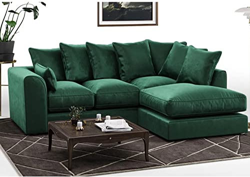 Furnishings For Less UK New Brooklyn Full Fibre Green Plush Velvet RH Right Hand Corner Sofa 3 to 4 Seater (Green, Right Hand Facing)