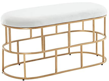 KADIMA DESIGN Samt Sitzbank Weiß/Gold 90x46x38 cm - Polsterbank für Flur & Schlafzimmer | Moderne Bettbank mit Metallgestell | Flurbank & Garderobenbank