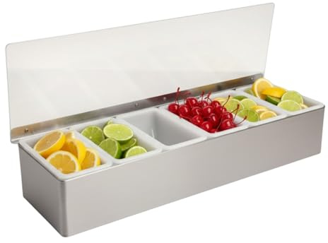 Chabrias Ltd Professional Stainless-Steel Condiment Dispenser - Food-Safe Compartment Back Bar Garnish Station | Removable Inserts with Flip Lid | Ideal for Bars, Pubs (Stainless Steel, 6 Compartment)