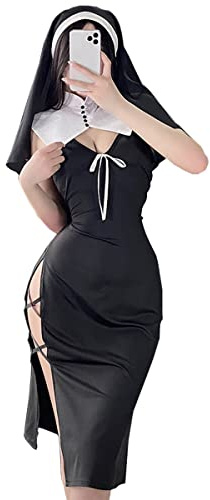 SNOMYRS Sexy Nonne Kostüm Für Frauen Japanische Kawaii Dessous Halloween Bodysuit Frauen Nonne Kleid Uniform Die Nonne Cosplay Kostüm Mit Kopfbedeckung, Einheitsgröße, Schwarz