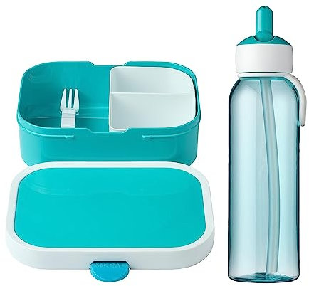 Mepal Lunchset Campus Flip-up Trinkflasche Wasserflasche für Kinder mit Strohhalm Bento-Brotdose mit Einsatz & Mini-Gabel kohlensäuregeeignet auslaufsicher türkis