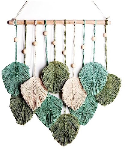 Ctwezoikmt Wandbehang mit Federn, Handgefertigter Wandteppich, Boho-Wandteppich, Garn Gewebte Wandkunst, Blatt-Wandteppich, Wanddekoration für Kinderzimmer, Schlafzimmer, Wohnzimmer