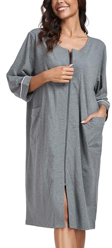 COLORFULLEAF Accappatoio da donna con chiusura lampo leggero vestaglia 100% cotone vestaglia casalinga manica 3/4 camicia da notte con tasche, grigio scuro, M Große Größen