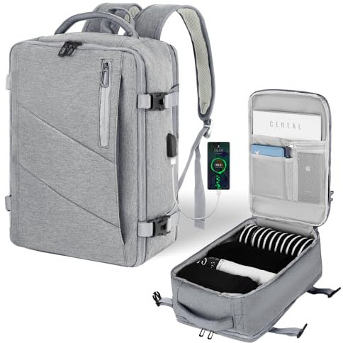 VOESLD Mochila Viaje Cabina Avion 45x36x20 para Easyjet, Mochila Portatil Mochila de Viaje Hombre Mujer Gris Claro Mochila Ordenador Bolsa de Viaje con Puerto USB, 32L