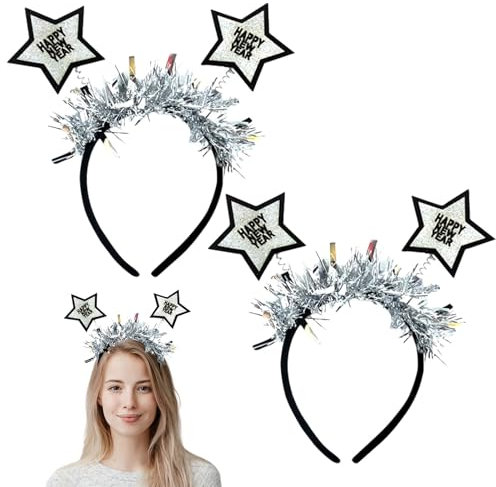 2 Stück Silvester Haarreifen, Happy New Year Haarreif, Silvester Kopfschmuck, Silvester Haarreif, Glitzer Haarreif, Silvester Deko 2025, Happy New Year Kopfschmuck für Silvester Party Haarschmuck
