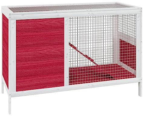 Kaninchenstall Holz, Hasenstall für drinnen und draußen, Kleintiergehege Hasenkäfig Kleintierstall Kleintierhaus Zwergkaninchenstall mit Maschendraht Wände, Rot 103x44x69,5 cm