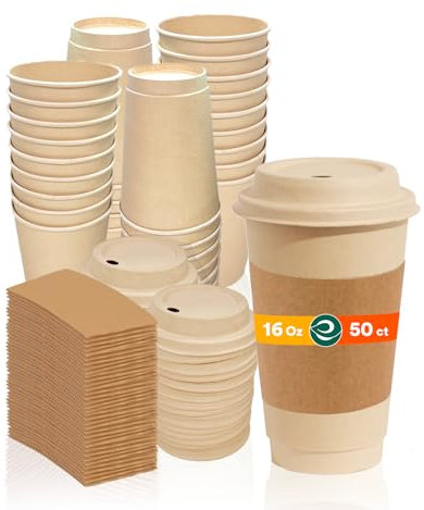 ECO SOUL 100% Compostable Coffee Cups with Lids & Sleeves - 16Oz (50 Counts) to Go Coffee Disposable Bagasse Cups |Sturdy & Eco-Friendly Cups for Cafes, Party, Office