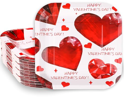 36pcs Valentine Plates, 9x9 Inch Valentine Paper Plates Decorative Plates Diamond Heart Pattern Decorations Love Paper Plates for Anniversary Wedding Valentines Party Supplies