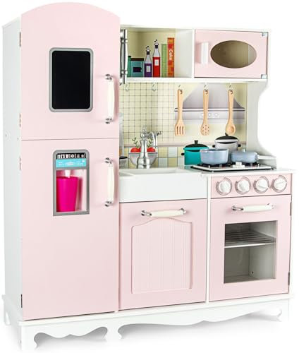 Leomark Holzküche für Kinder mit Zubehör – Vintage-Rosa – 97,5 x 31 x 103 cm, Lernspielzeug für Kinder, Spielen zu Hause und im Kindergarten, Kochen und Spielen für einen kleinen Chefkoch