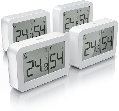 CSL - 4x Thermometer Hygrometer digital Innen - Temperatur und Luftfeuchtigkeit – Komfortsymbole – gut ablesbar – LCD-Anzeige –- inkl. Batterie sowie Magnet und Klebestreifen –weiß