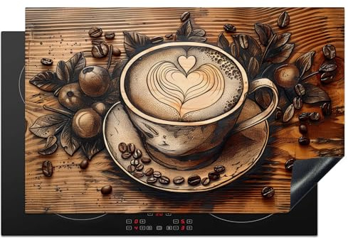 KitchenYeah© Herdabdeckplatte Einteilig Küche Herdabdeckung Induktionsfeld | 80x52 cm - Ceranfeld Herdabdeckplatten Vinyl Matte Aufrollbar Kaffee - Vintage - Braun - Tasse - Holz