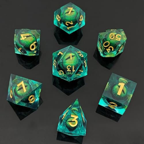 ORUZA 7 Stück Drachenauge Polyedrische Harz Spielwürfel DND Würfel Set D&D Würfel für Dungeons and Dragons RPG MTG Pathfinder Rollenspiel D4 D6 D8 D10 D% D12 D20
