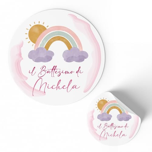 FERDINANDO FAMA' 175 pezzi Etichette adesive personalizzate per Nascita e Battesimo, adesivi personalizzati con nome per bomboniere e inviti, adesivo per bomboniere pz 175 (arcobaleno bambina)