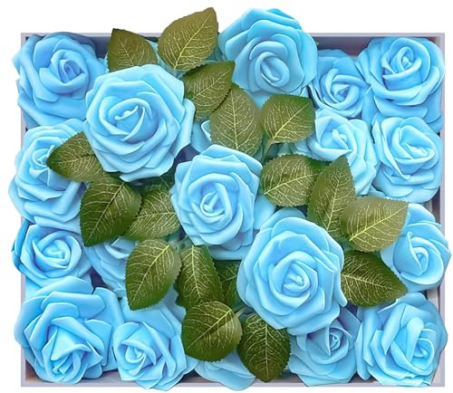 Petalscentusia Artificial Roses 25 pcs Fake Roses with Stems and 18 Leaves Foam Latex for Wedding Bouquets, Valentine's Day, Home Décor, and Party Decorations (Sky Blue Roses)